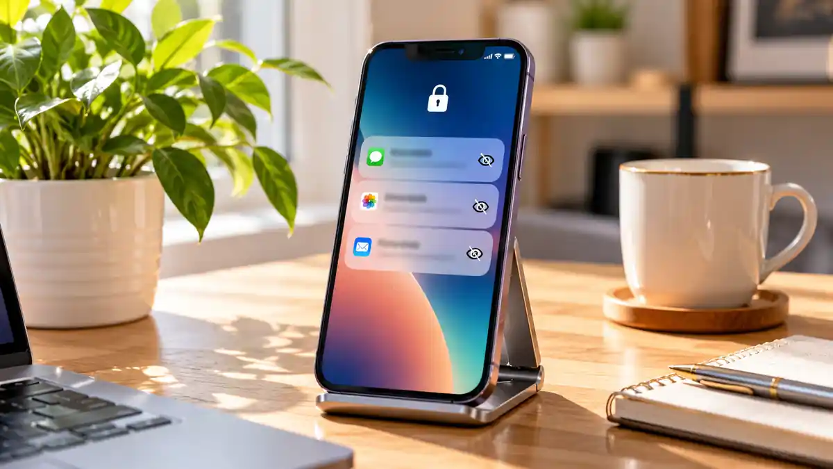 هاتف ذكي على حامل مكتبي تظهر على شاشته إشعارات مطموسة بجوار رموز إخفاء المحتوى لحماية الخصوصية على شاشة القفل.